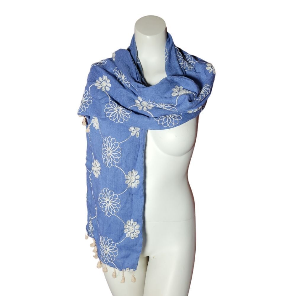 65" x 14.5" Floral Embroidered Summer scarf Blue